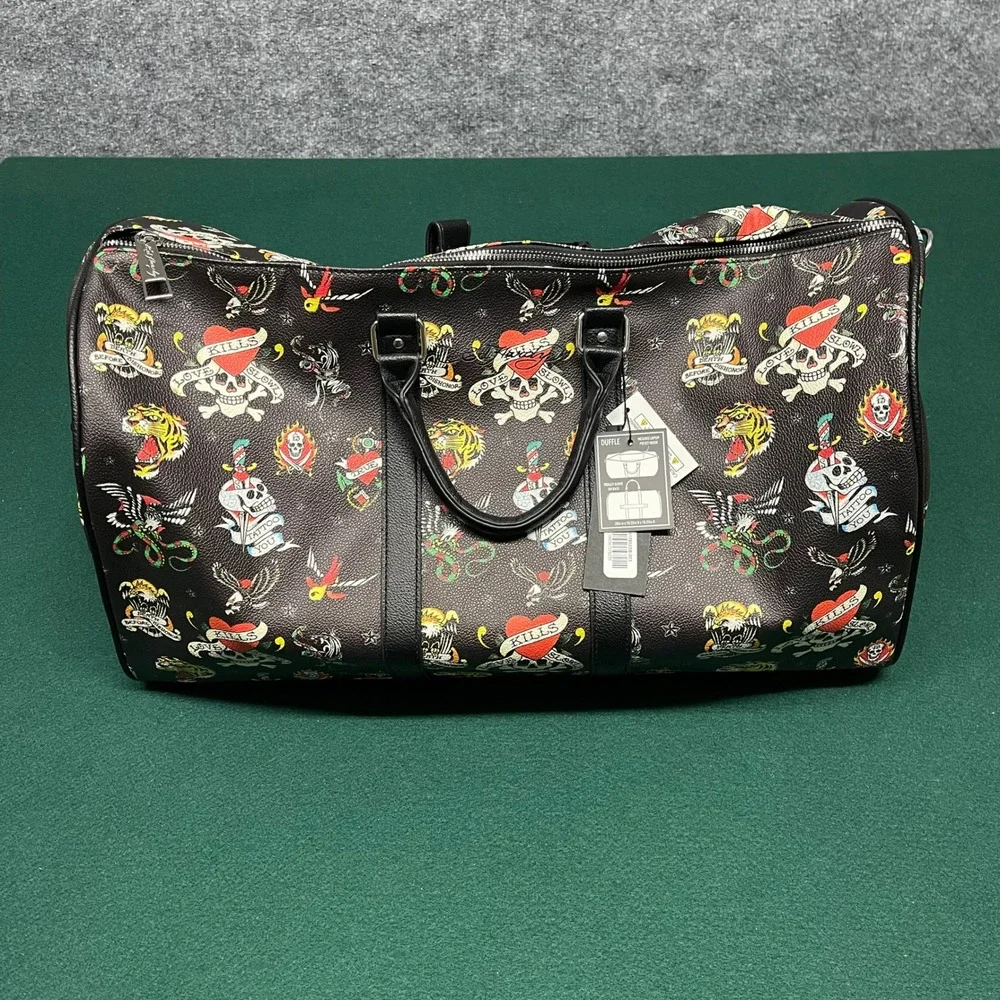 Ed Hardy Duffle Bag Black Tattoo Flash Print Vegan Leather Laptop Sleeve Travel